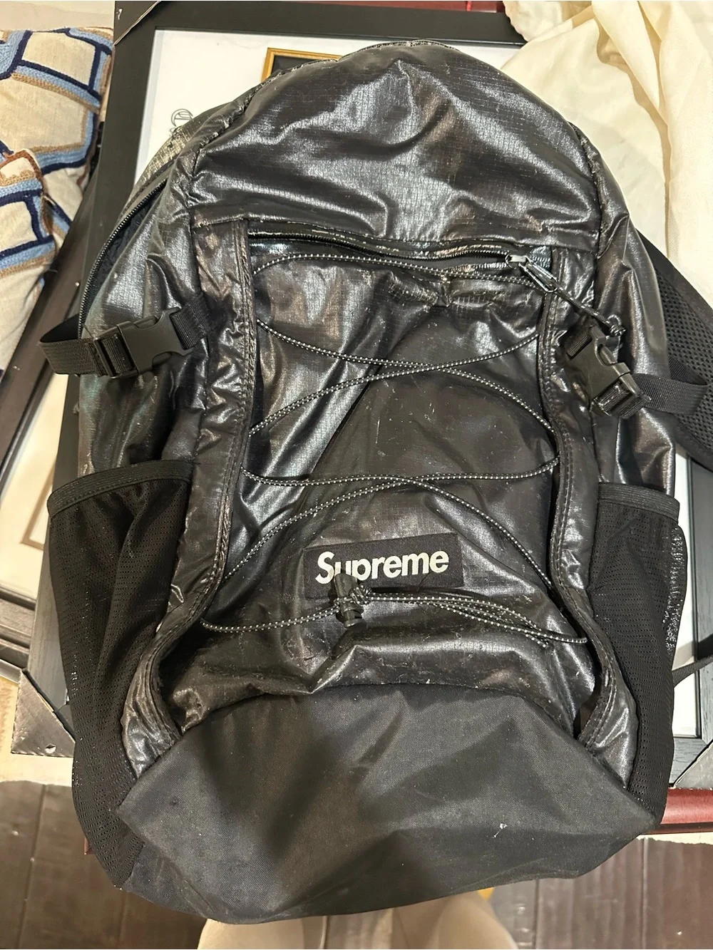 Supreme Black Shiny Backpack with Bungee Cord